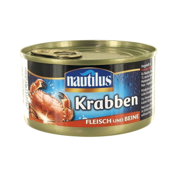 Nautilus Krabbenfleisch mit Beinfleisch, in Lake, 170g Nautilus Krabben, Fleisch und Beine, 121g Produktbild, Vorderseite der Verpackung